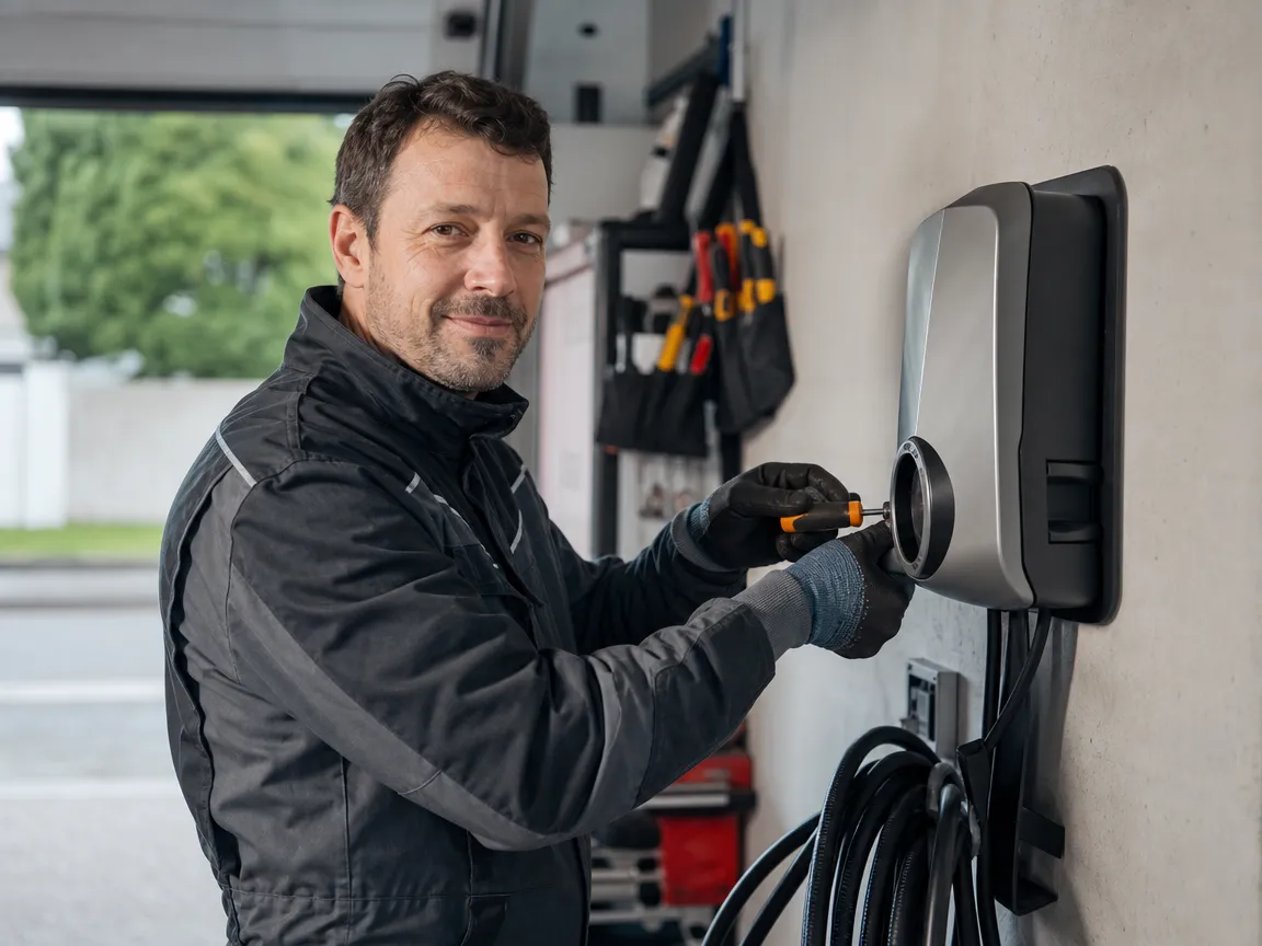 Instalador certificado completando instalación segura de cargador coche eléctrico