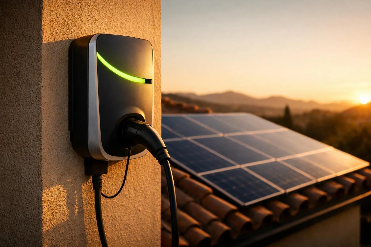 Cargador de coche eléctrico junto a placas solares